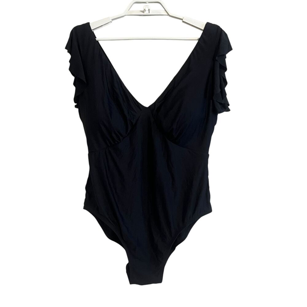 Anthropologie Black One-Piece Swimsuit with Ruffle Sleeves